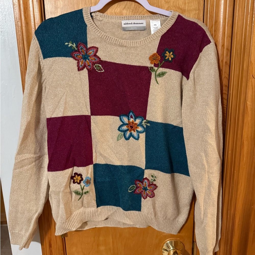 Alfred Dunner Women's Patchwork Sweater - Cream, Burgundy, Teal